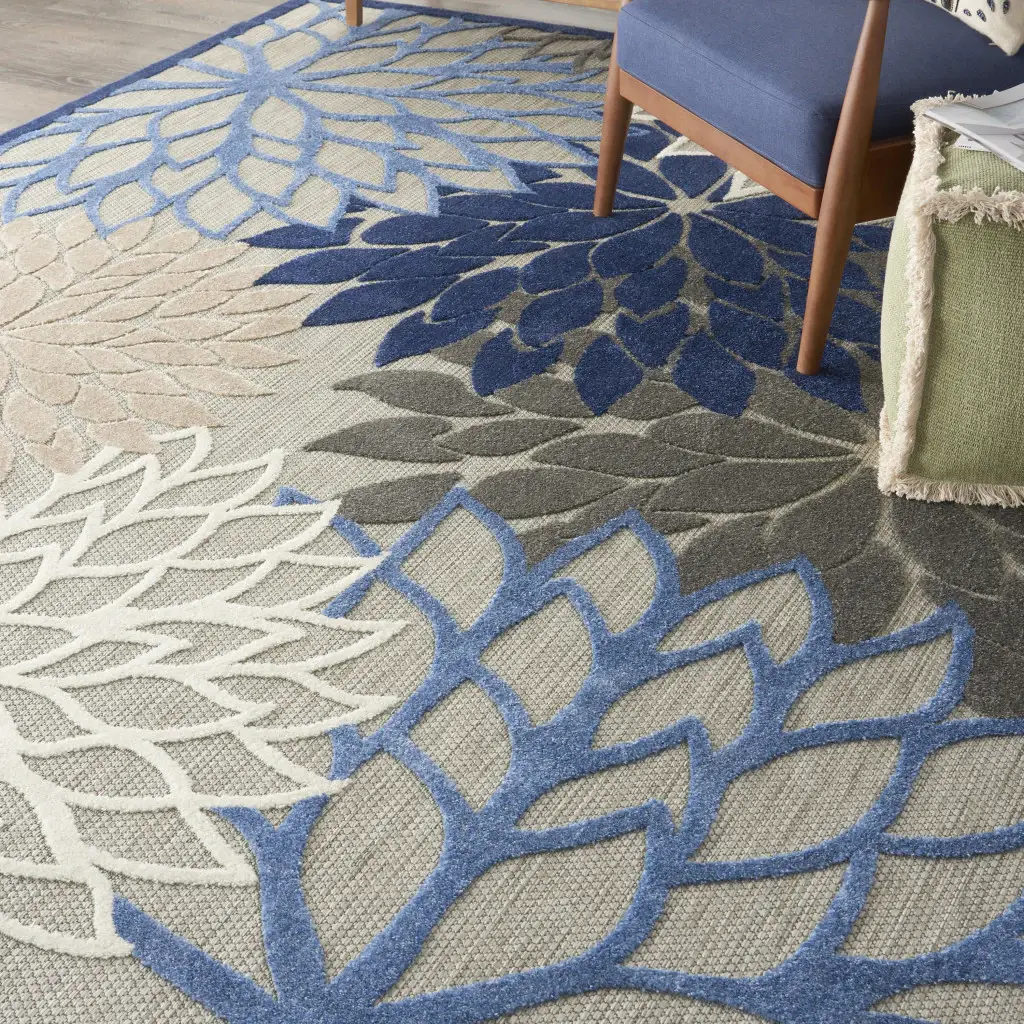 8' X 11' Blue And Gray Floral Indoor Outdoor Area Rug - Image 3