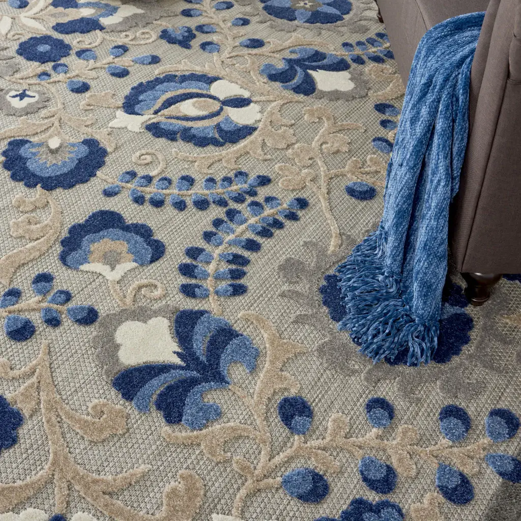 8' X 11' Blue And Gray Floral Indoor Outdoor Area Rug - Image 4