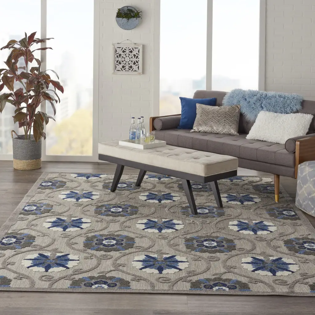 8' X 11' Blue And Gray Floral Indoor Outdoor Area Rug - Image 3