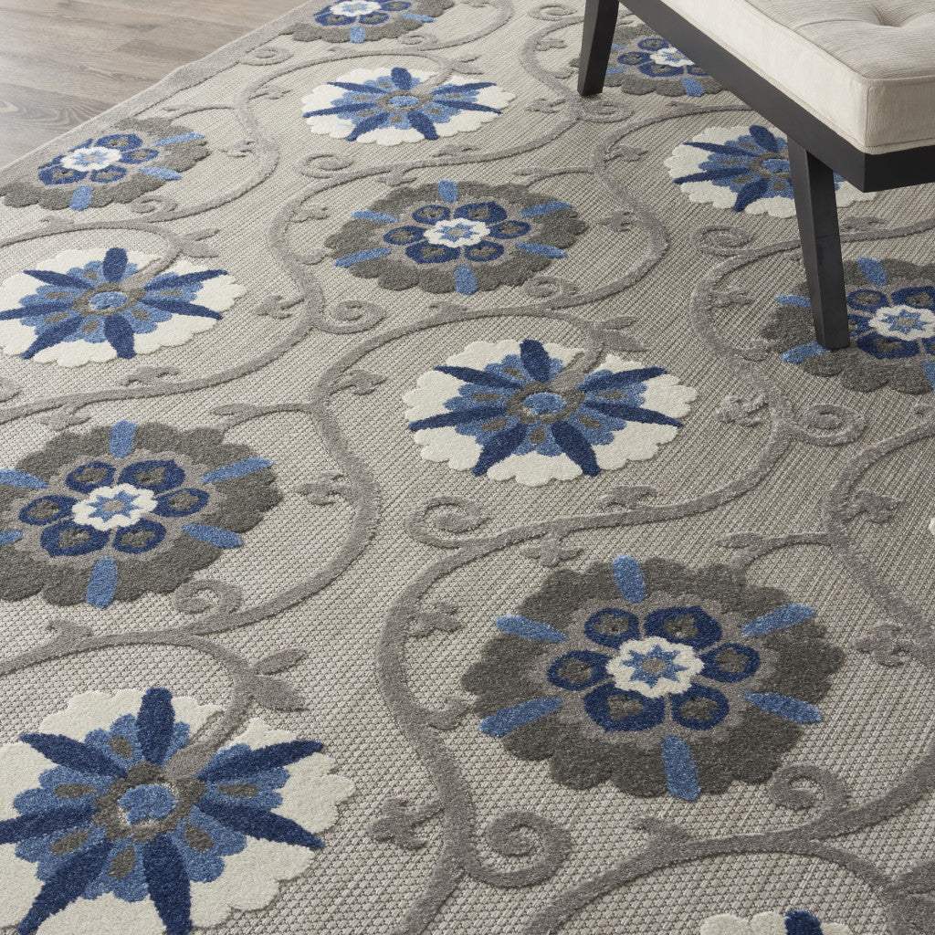 8' X 11' Blue And Gray Floral Indoor Outdoor Area Rug - Image 4