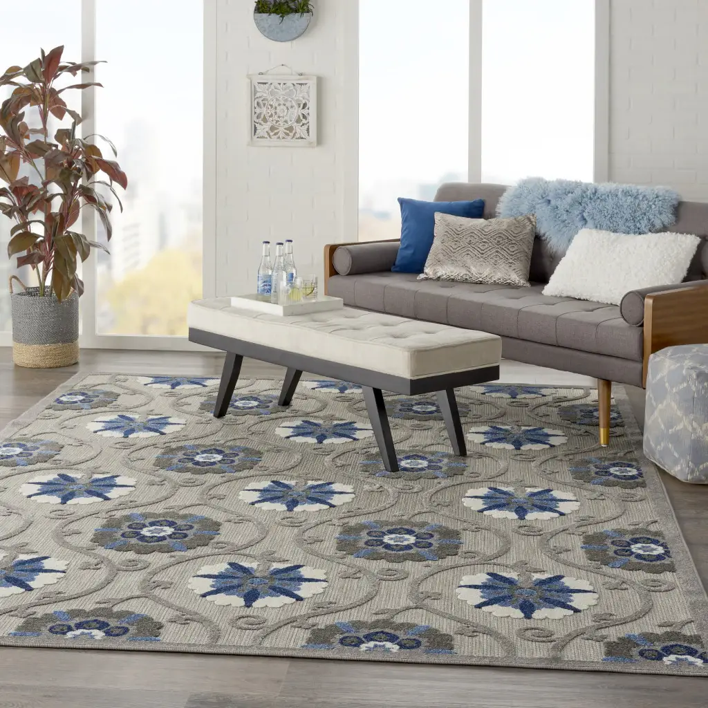 8' X 11' Blue And Gray Floral Indoor Outdoor Area Rug - Image 5