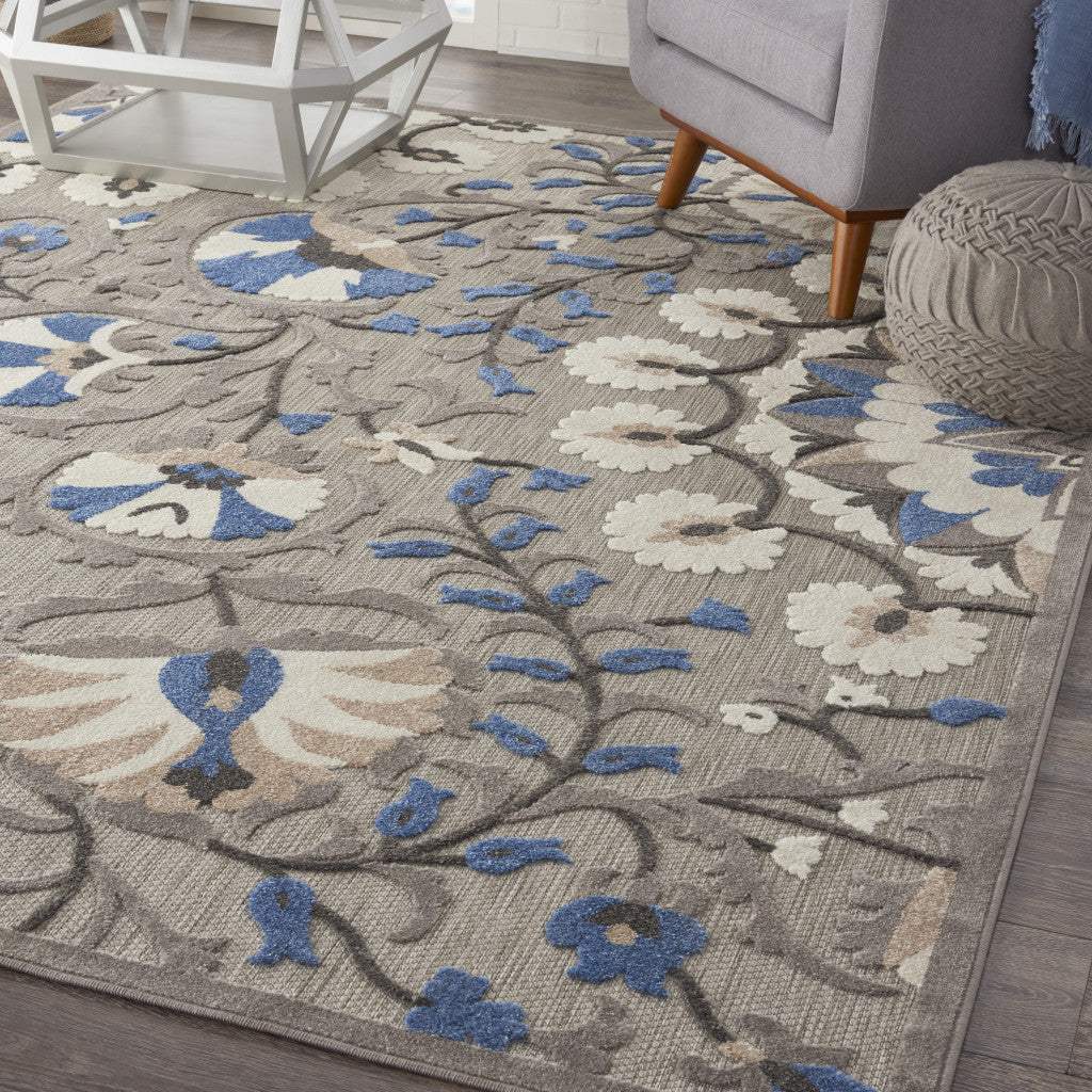 8' X 11' Blue And Gray Floral Indoor Outdoor Area Rug - Image 3