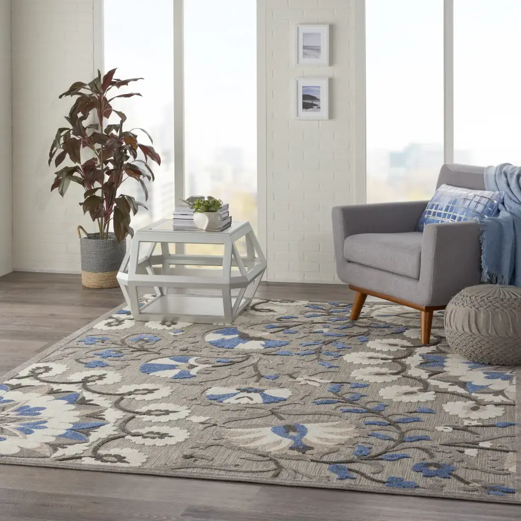 8' X 11' Blue And Gray Floral Indoor Outdoor Area Rug - Image 4