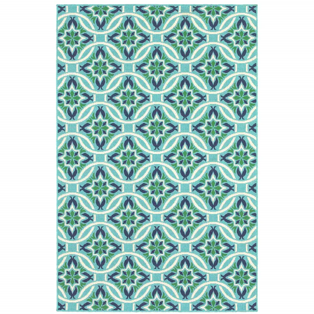 8' X 11' Blue and Green Geometric Stain Resistant Indoor Outdoor Area Rug