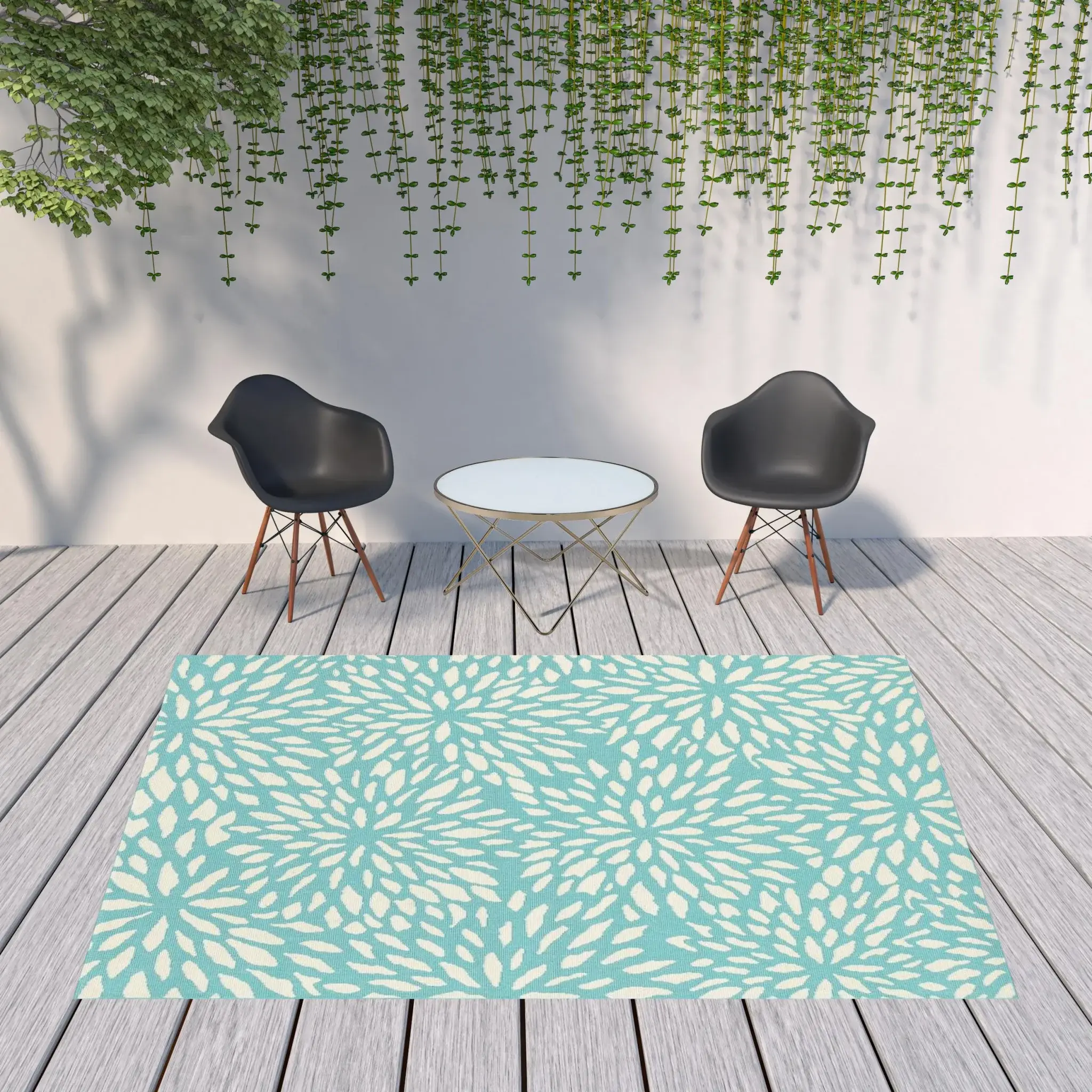8' X 11' Blue and Ivory Floral Stain Resistant Indoor Outdoor Area Rug - Image 2