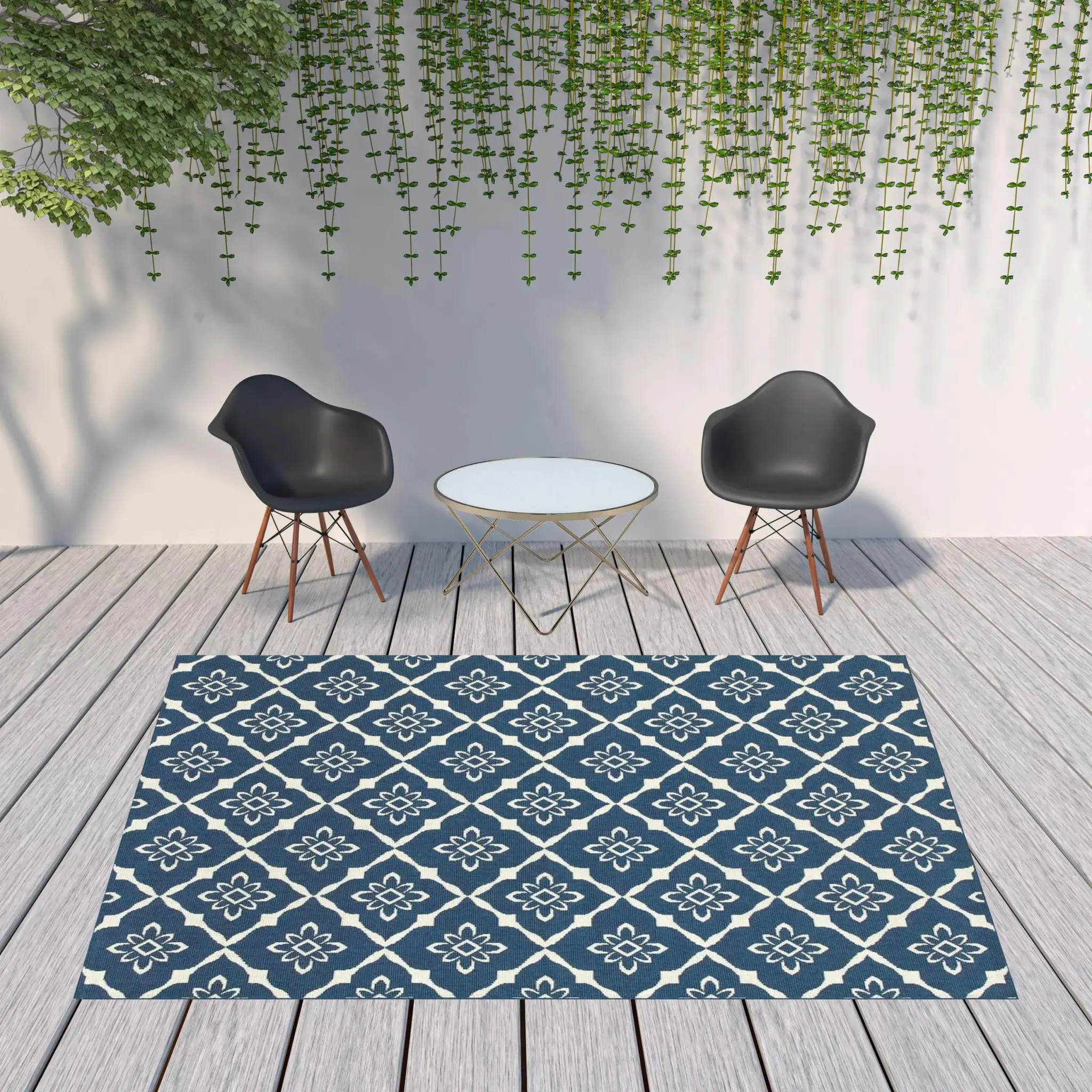 8' X 11' Blue and Ivory Floral Stain Resistant Indoor Outdoor Area Rug - Image 2