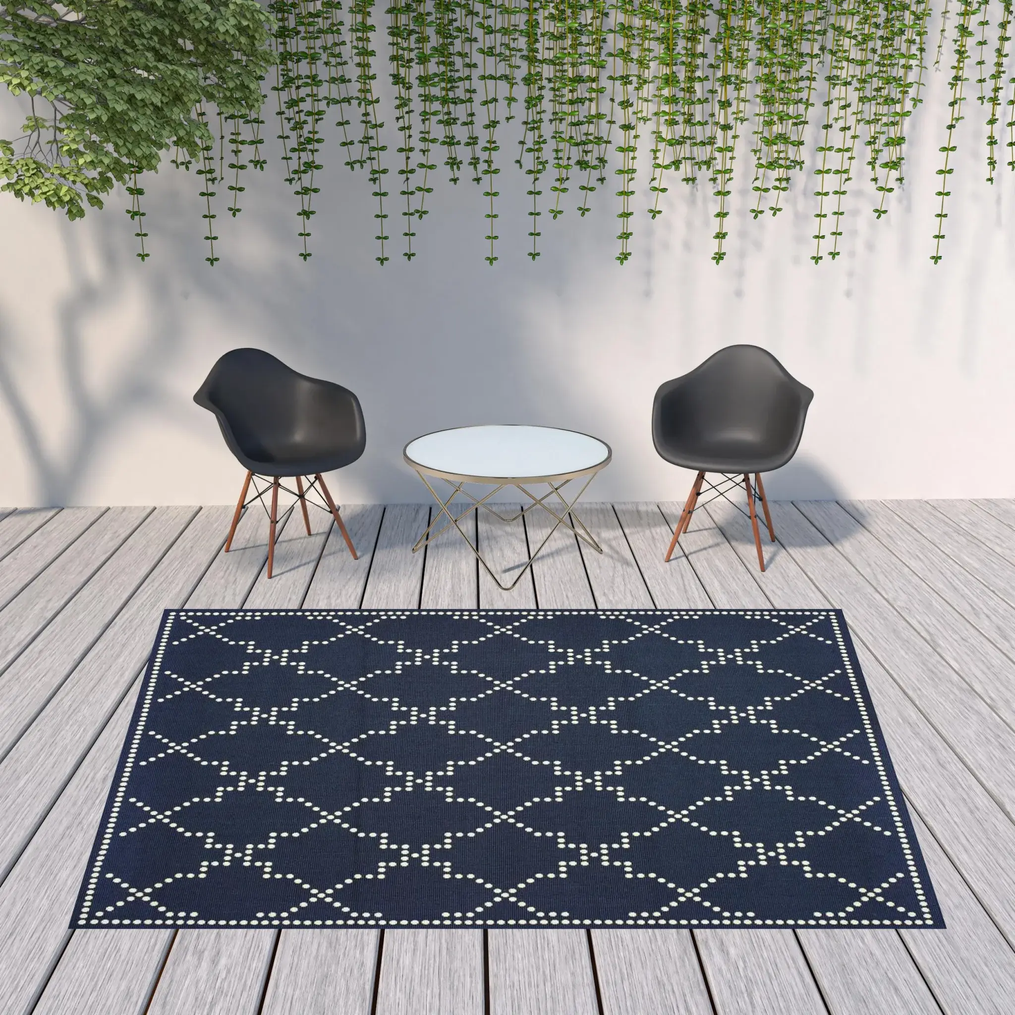 8' X 11' Blue and Ivory Geometric Stain Resistant Indoor Outdoor Area Rug - Image 2