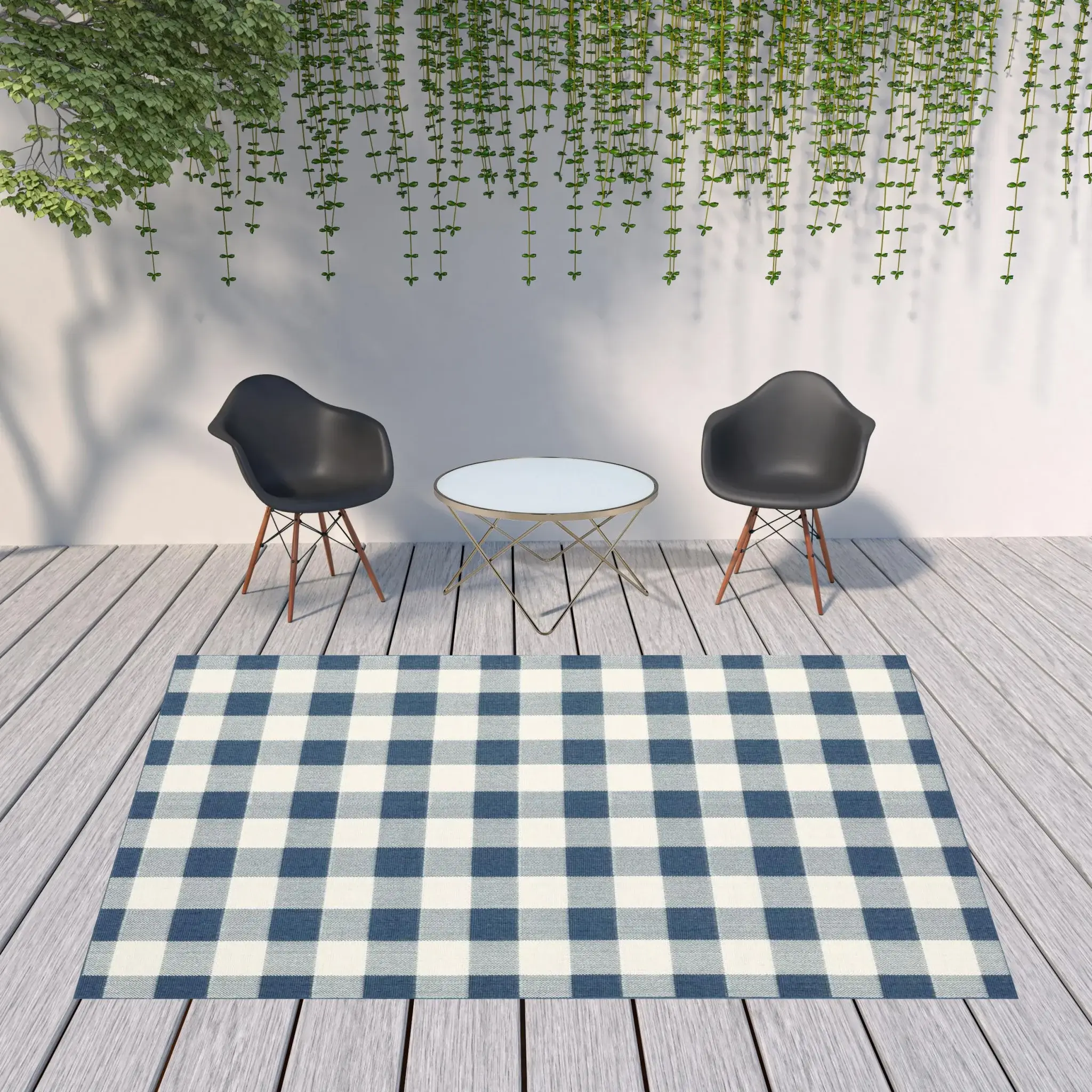 8' X 11' Blue and Ivory Geometric Stain Resistant Indoor Outdoor Area Rug - Image 2