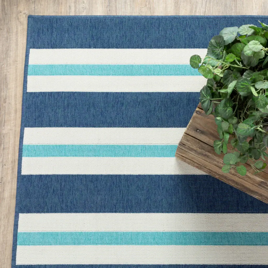 8' X 11' Blue and Ivory Geometric Stain Resistant Indoor Outdoor Area Rug - Image 3