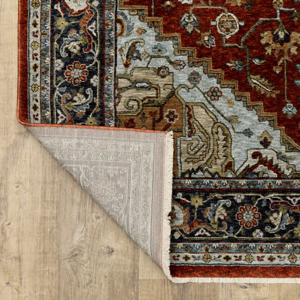 8' X 11' Blue Beige Grey Gold Green And Rust Red Oriental Power Loom Stain Resistant Area Rug With Fringe - Image 7