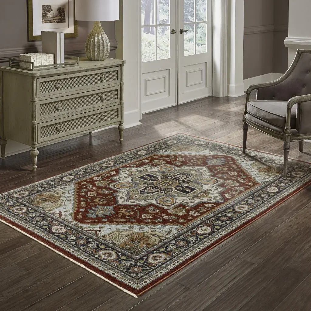 8' X 11' Blue Beige Grey Gold Green And Rust Red Oriental Power Loom Stain Resistant Area Rug With Fringe - Image 8