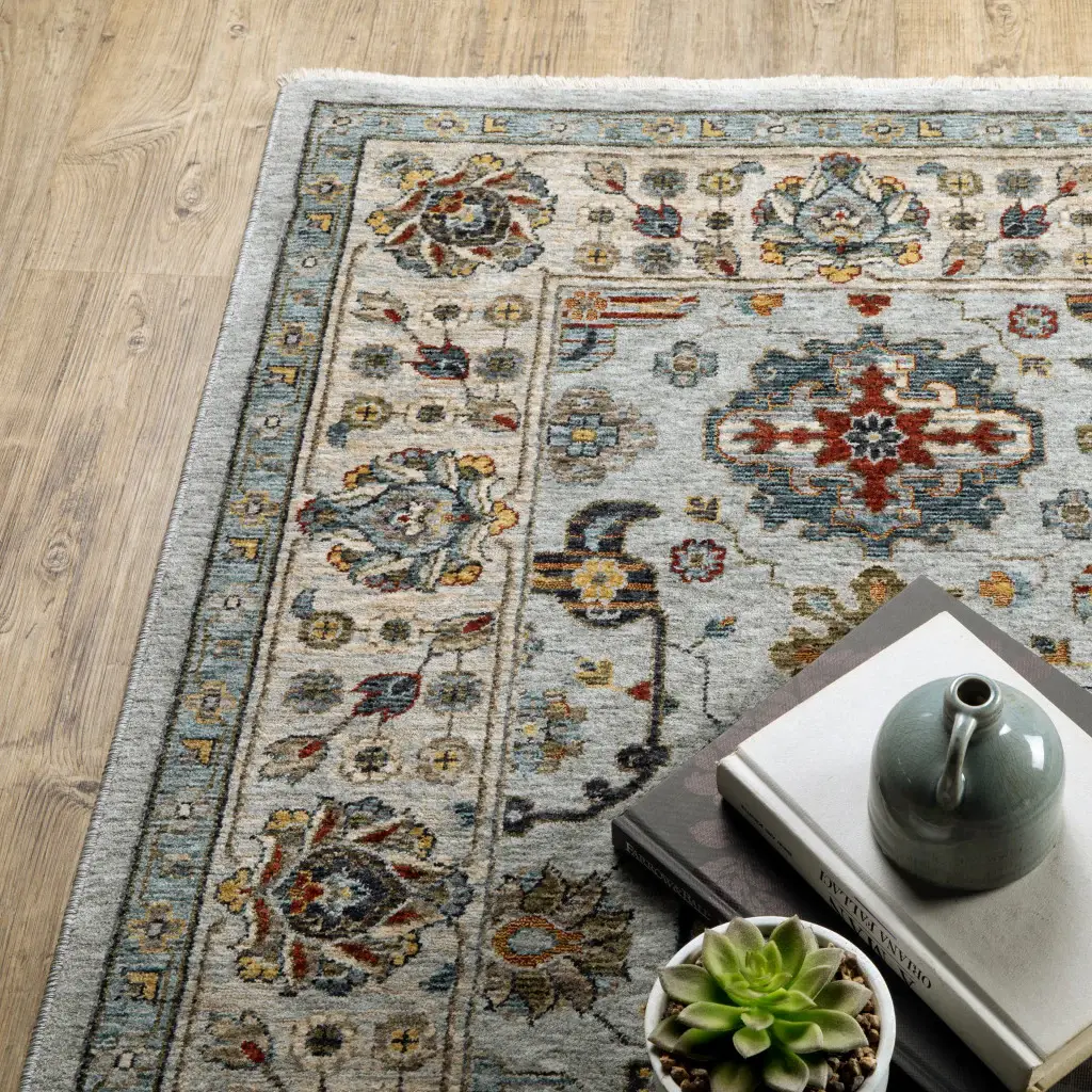 8' X 11' Blue Beige Grey Green Yellow And Rust Oriental Power Loom Stain Resistant Area Rug With Fringe - Image 6