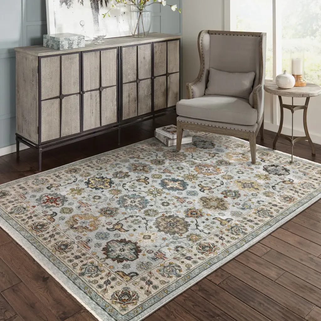8' X 11' Blue Beige Grey Green Yellow And Rust Oriental Power Loom Stain Resistant Area Rug With Fringe - Image 8