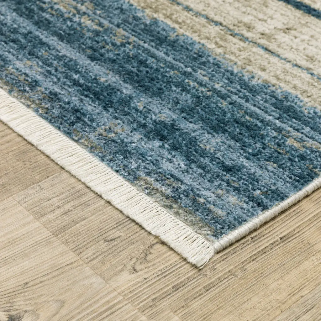 8' X 11' Blue Dark Blue Teal Grey Ivory Beige And Tan Geometric Power Loom Stain Resistant Area Rug With Fringe - Image 3