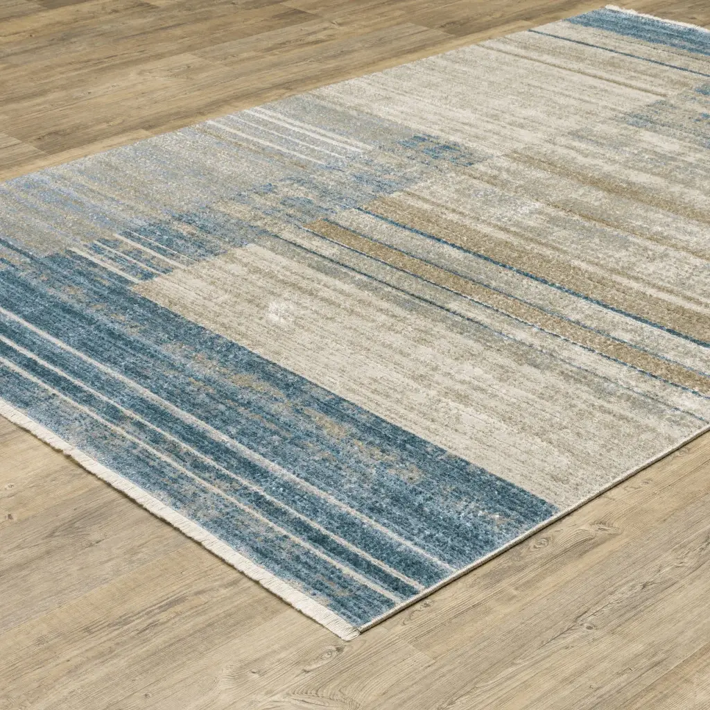 8' X 11' Blue Dark Blue Teal Grey Ivory Beige And Tan Geometric Power Loom Stain Resistant Area Rug With Fringe - Image 4