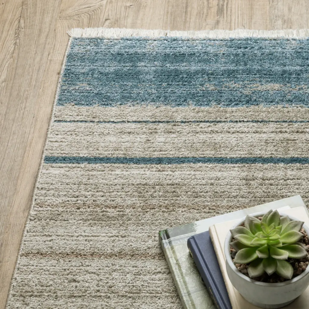 8' X 11' Blue Dark Blue Teal Grey Ivory Beige And Tan Geometric Power Loom Stain Resistant Area Rug With Fringe - Image 5