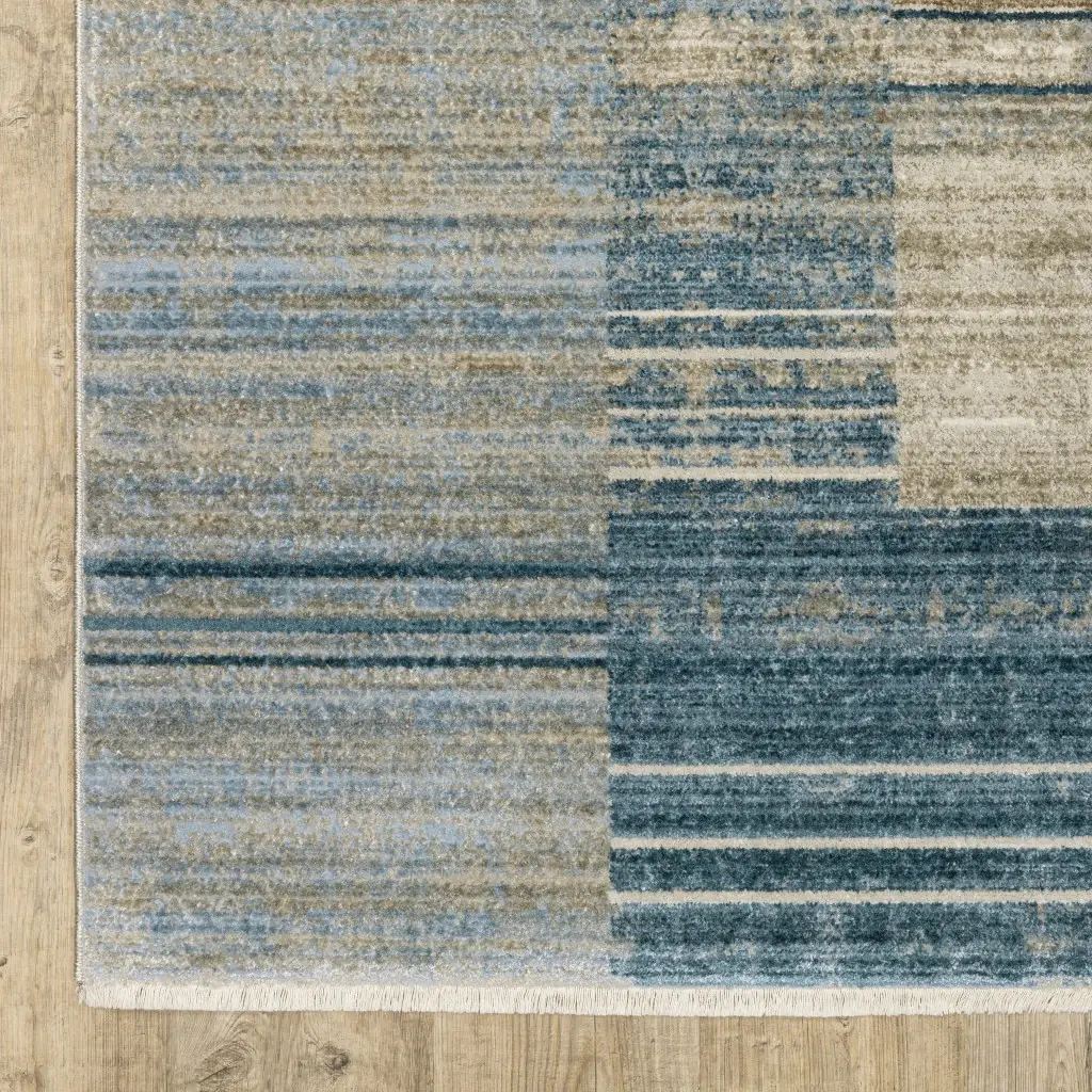 8' X 11' Blue Dark Blue Teal Grey Ivory Beige And Tan Geometric Power Loom Stain Resistant Area Rug With Fringe - Image 7