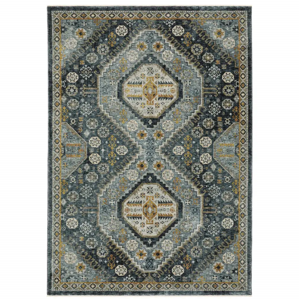 8' X 11' Blue Gold Ivory And Navy Oriental Power Loom Stain Resistant Area Rug With Fringe - Image 2