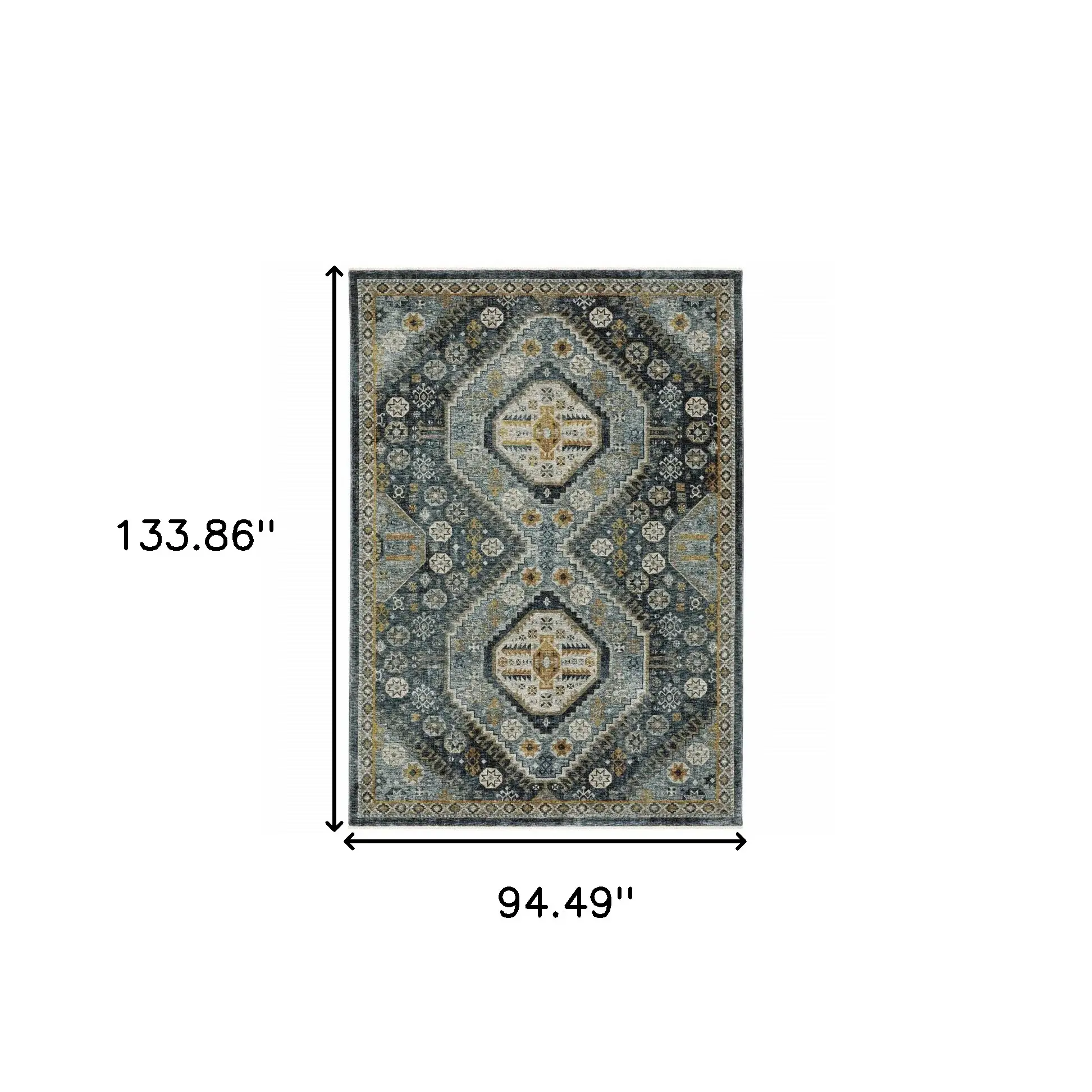 8' X 11' Blue Gold Ivory And Navy Oriental Power Loom Stain Resistant Area Rug With Fringe - Image 3