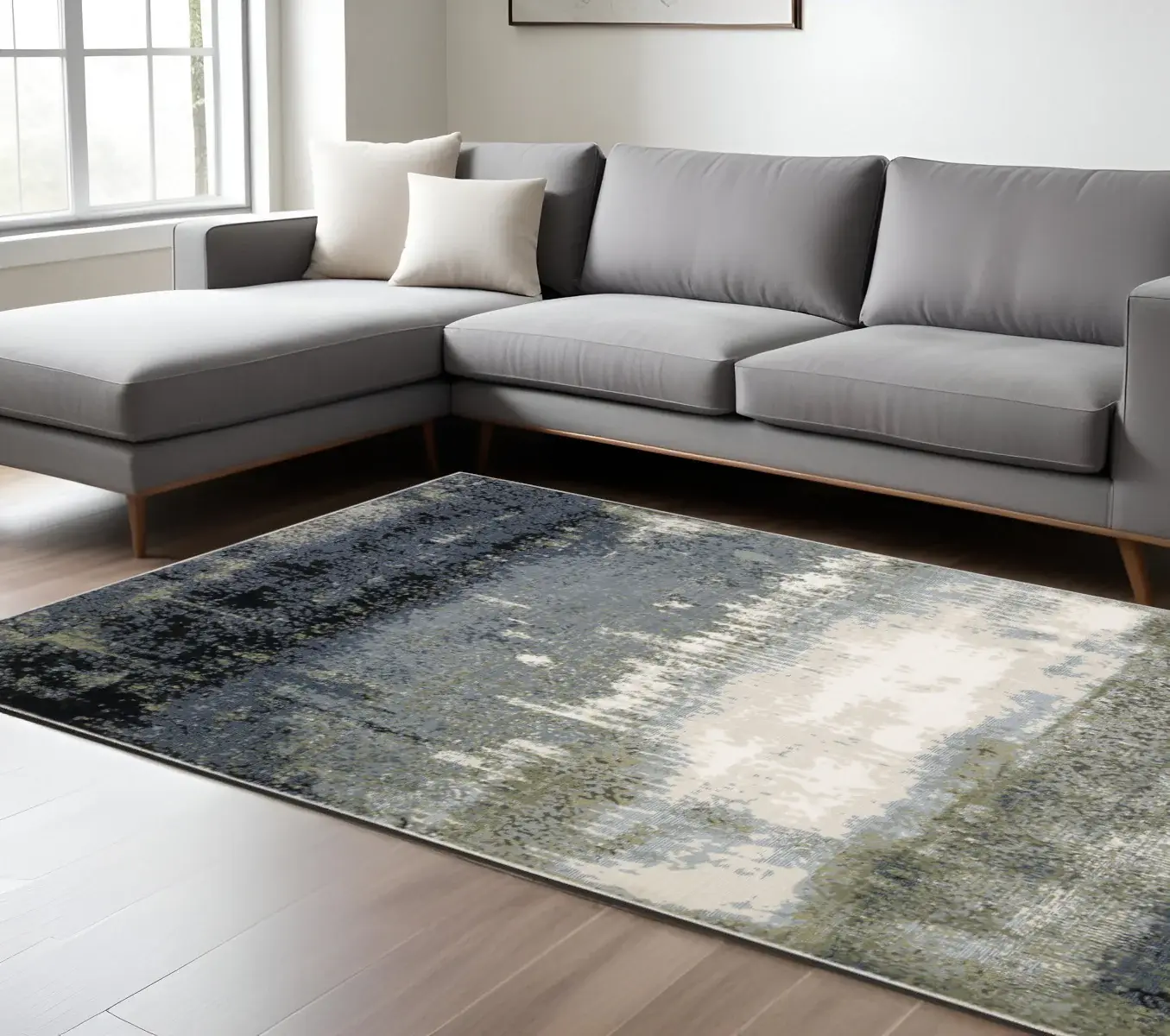 8' X 11' Blue Green Grey And Beige Abstract Power Loom Stain Resistant Area Rug