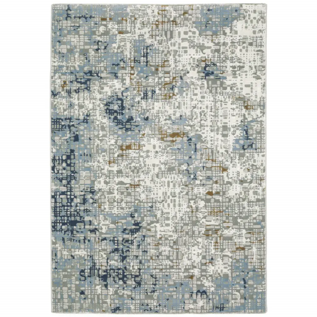 8' X 11' Blue Ivory Grey Brown Beige And Light Blue Abstract Power Loom Stain Resistant Area Rug - Image 2