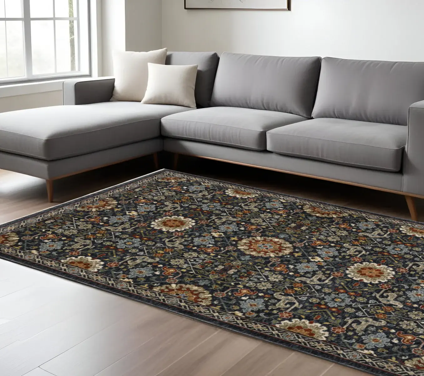 8' X 11' Blue Red Ivory And Gold Oriental Power Loom Stain Resistant Area Rug With Fringe