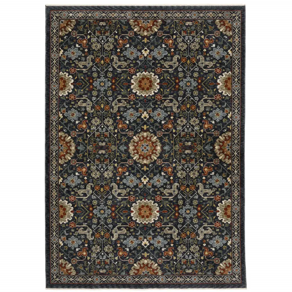 8' X 11' Blue Red Ivory And Gold Oriental Power Loom Stain Resistant Area Rug With Fringe - Image 2