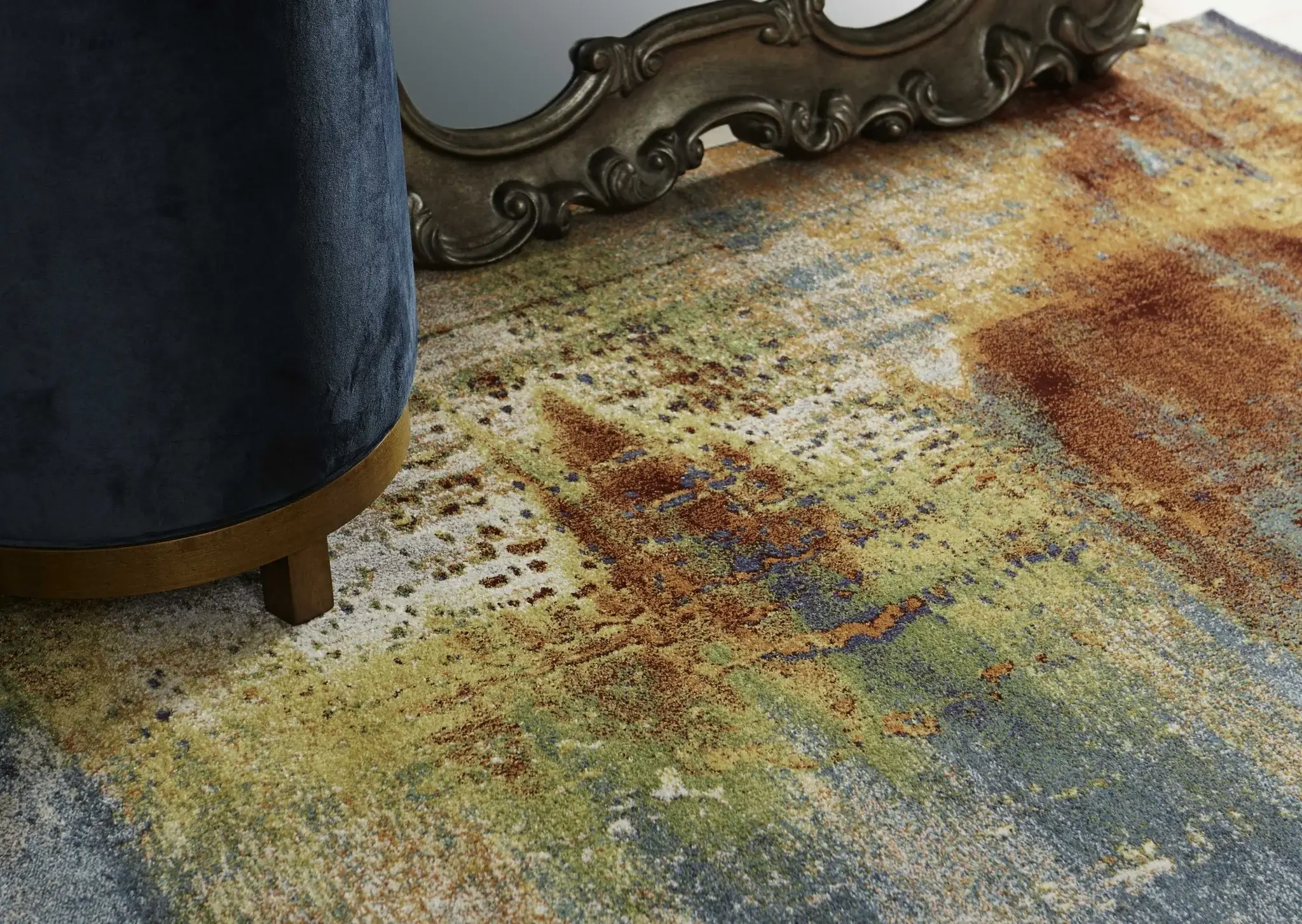8' X 11' Blue Rust Orange Machine Woven Abstract Brushstrokes Indoor Area Rug - Image 8