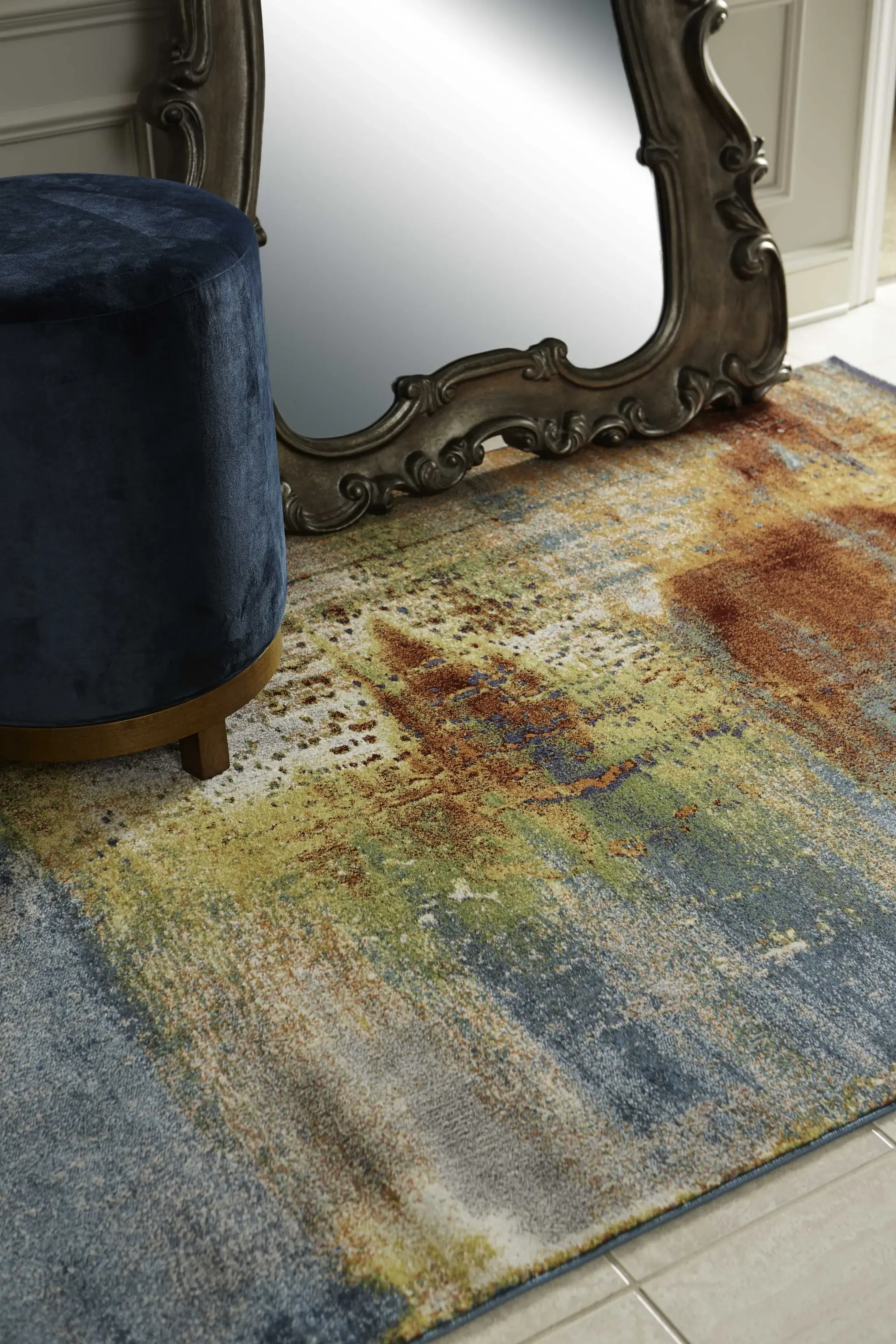 8' X 11' Blue Rust Orange Machine Woven Abstract Brushstrokes Indoor Area Rug - Image 9