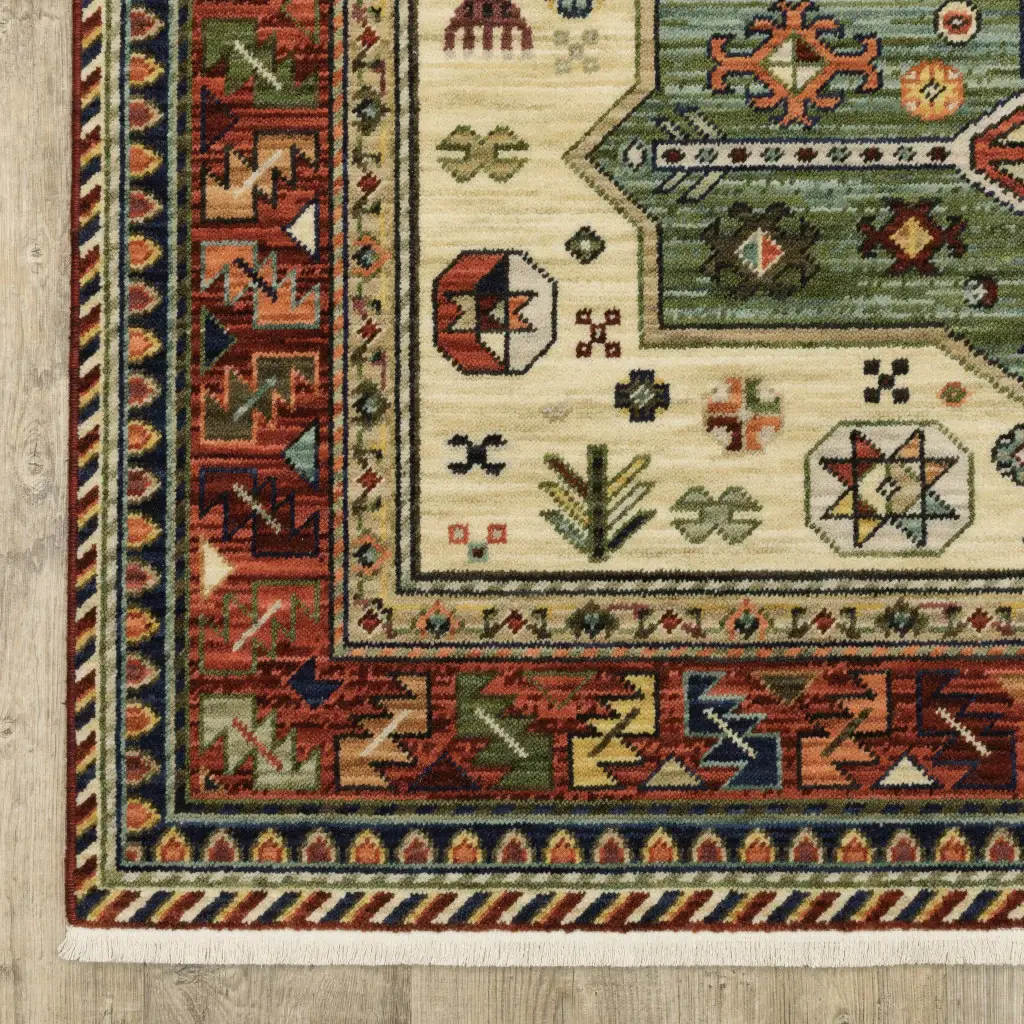 8' X 11' Brick Red Orange Rust Beige Gold Pale Blue Olive Navy And Black Oriental Power Loom Stain Resistant Area Rug With Fringe - Image 3