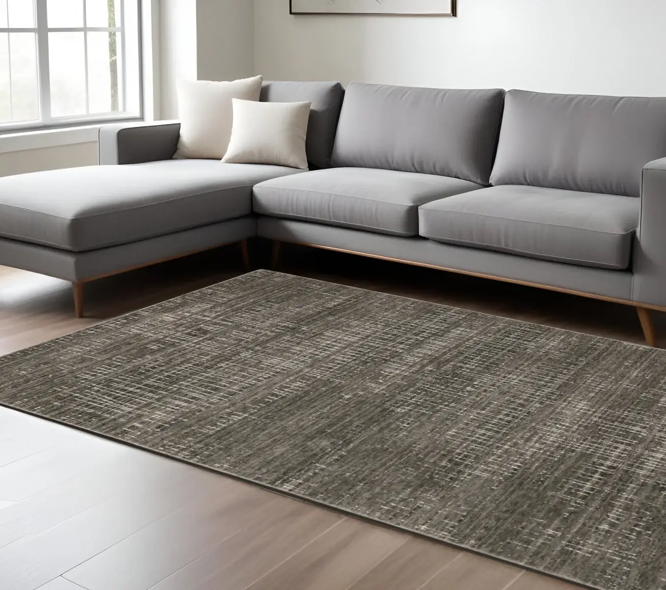 8' X 11' Charcoal Grey Grey Ivory Tan And Brown Abstract Power Loom Stain Resistant Area Rug