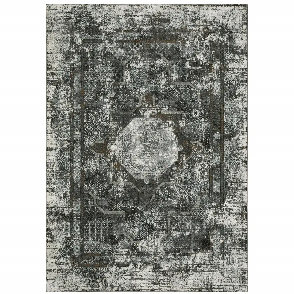 8' X 11' Charcoal Rust Grey Blue Ivory And Brown Oriental Power Loom Stain Resistant Area Rug - Image 2