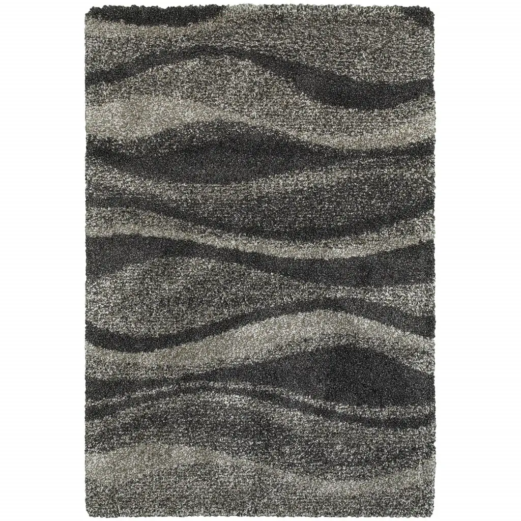 8' X 11' Charcoal Silver And Grey Abstract Shag Power Loom Stain Resistant Area Rug - Image 2