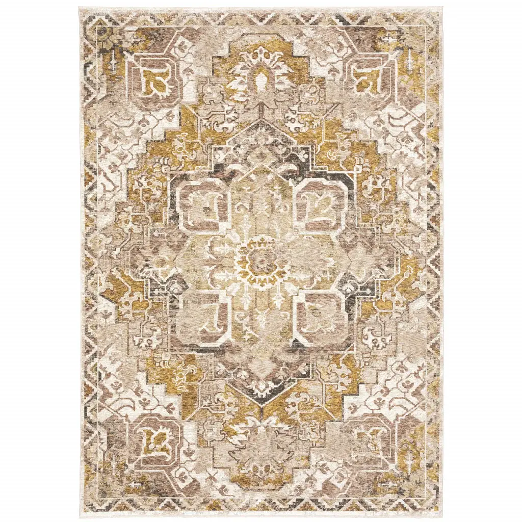 8' X 11' Gold And Ivory Oriental Power Loom Stain Resistant Area Rug With Fringe - Image 2