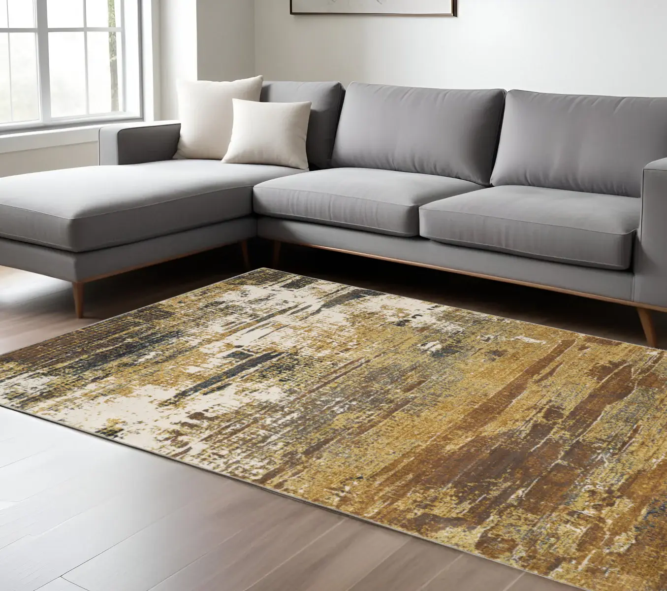 8' X 11' Gold Brown Rust Grey Blue And Beige Abstract Power Loom Stain Resistant Area Rug