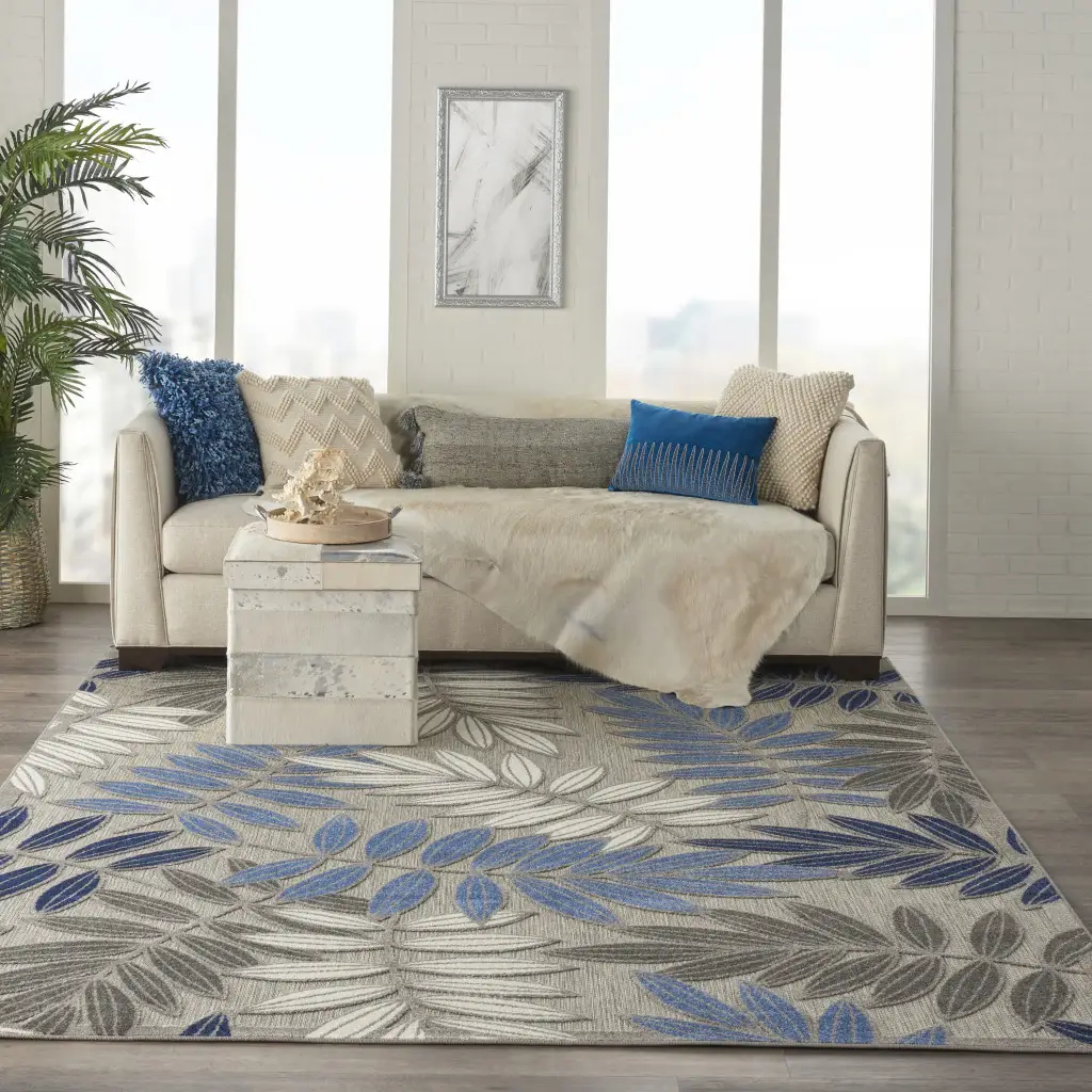 8’ X 11’ Gray And Blue Leaves Indoor Outdoor Area Rug - Image 2