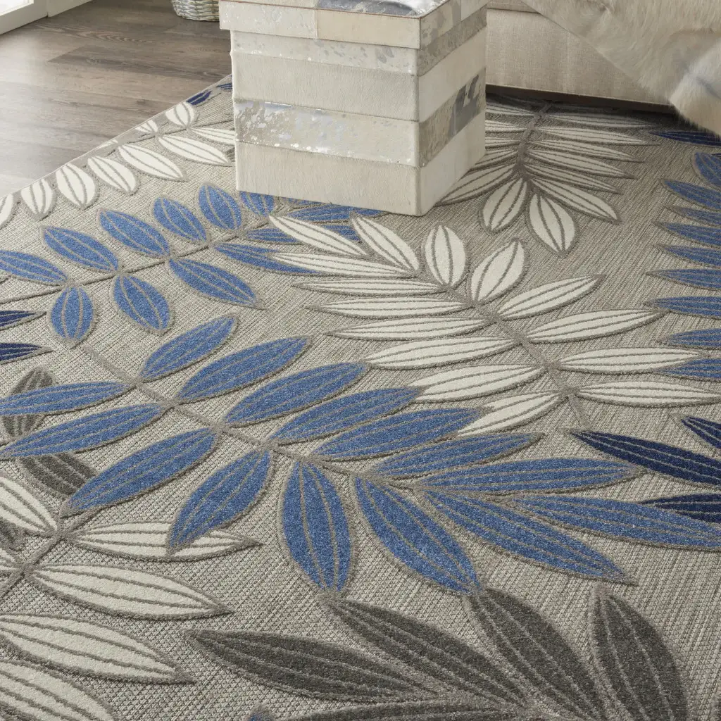 8’ X 11’ Gray And Blue Leaves Indoor Outdoor Area Rug - Image 3