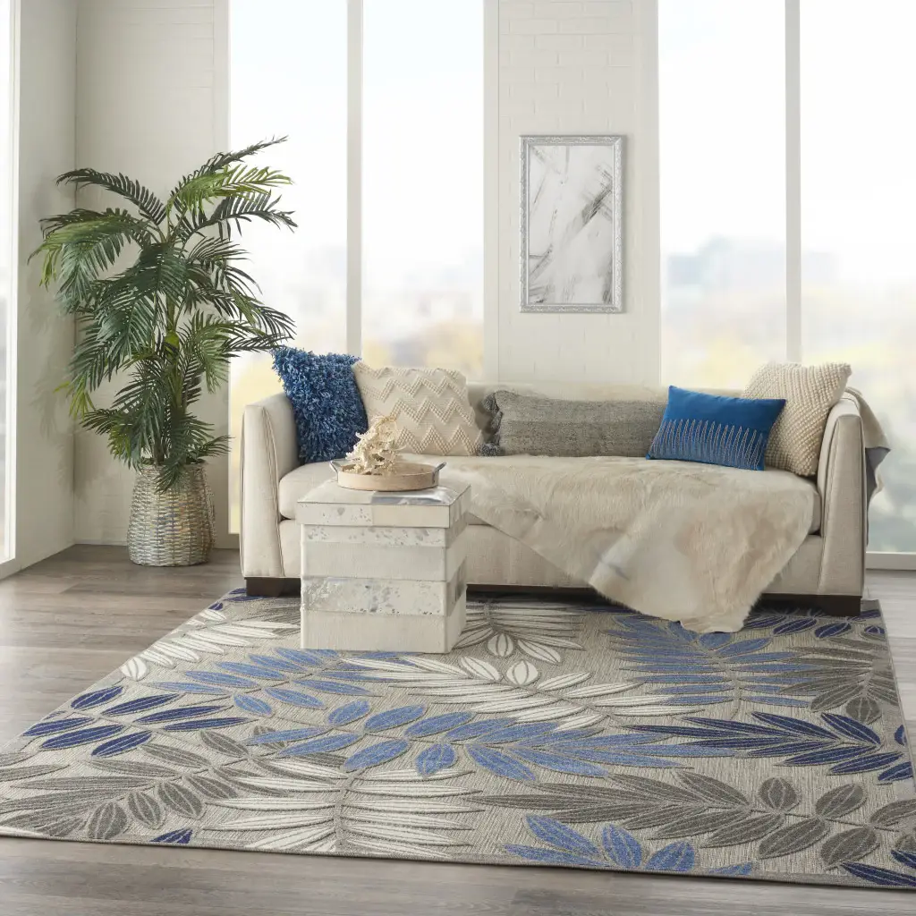 8’ X 11’ Gray And Blue Leaves Indoor Outdoor Area Rug - Image 4
