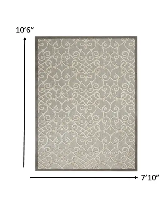 8' X 11' Gray And Ivory Floral Indoor Outdoor Area Rug