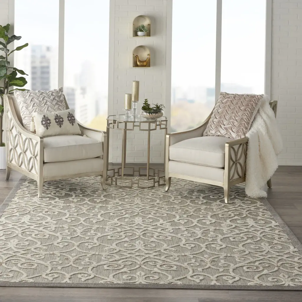 8' X 11' Gray And Ivory Floral Indoor Outdoor Area Rug - Image 3