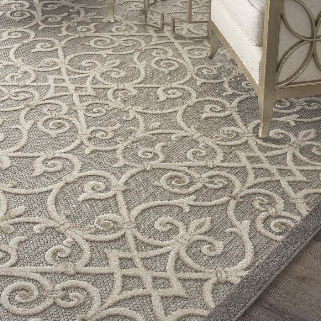 8' X 11' Gray And Ivory Floral Indoor Outdoor Area Rug - Image 4
