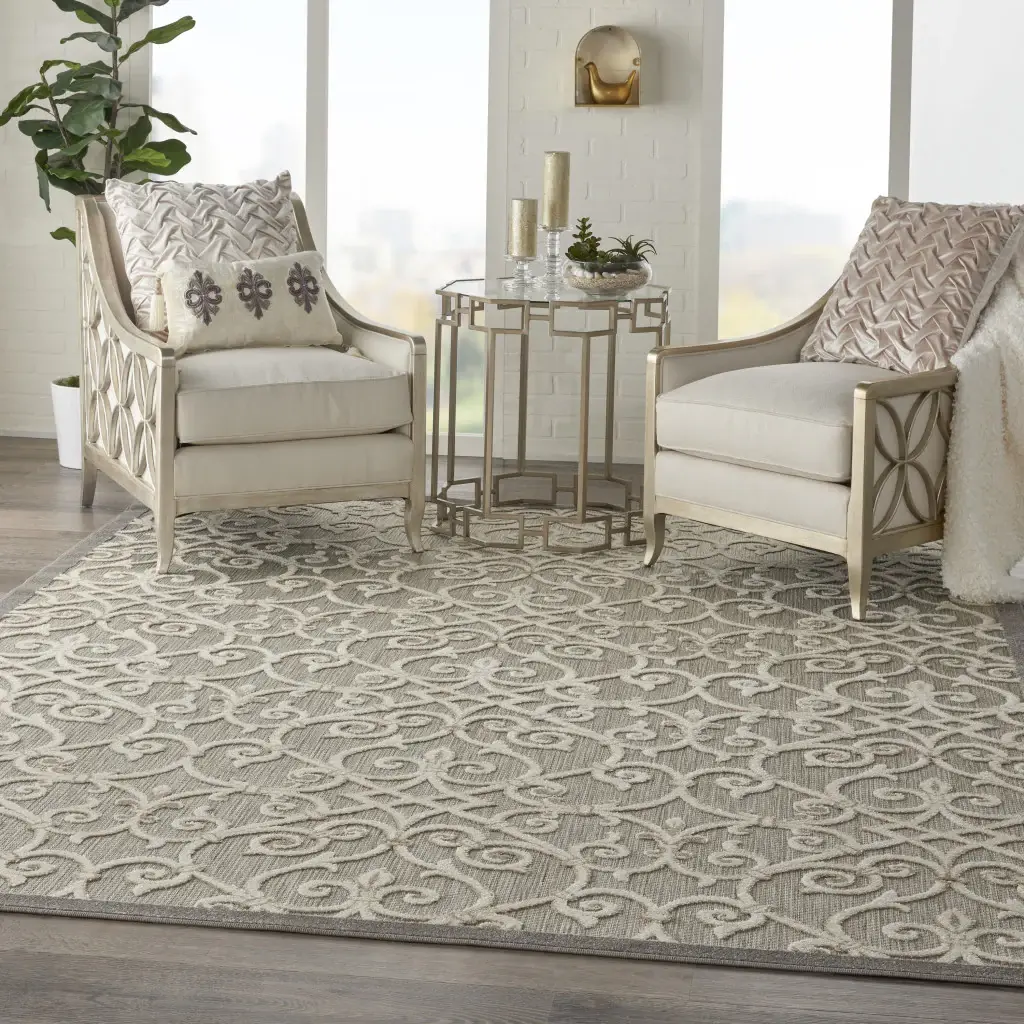8' X 11' Gray And Ivory Floral Indoor Outdoor Area Rug - Image 5
