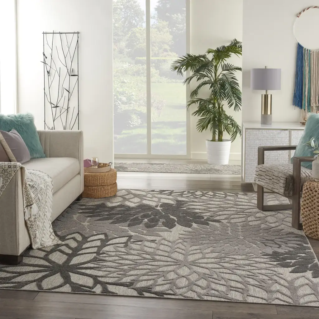 8' X 11' Gray Floral Indoor Outdoor Area Rug - Image 4