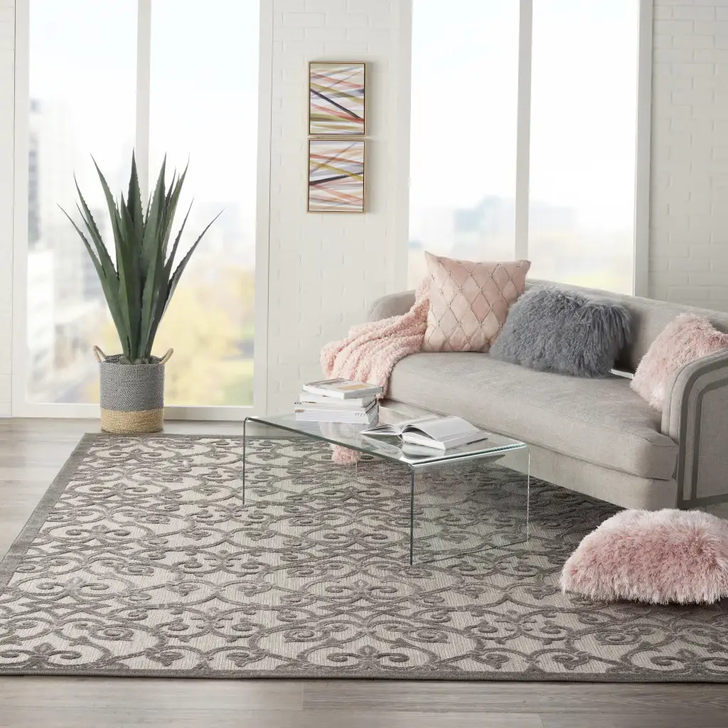 8' X 11' Gray Floral Indoor Outdoor Area Rug - Image 2