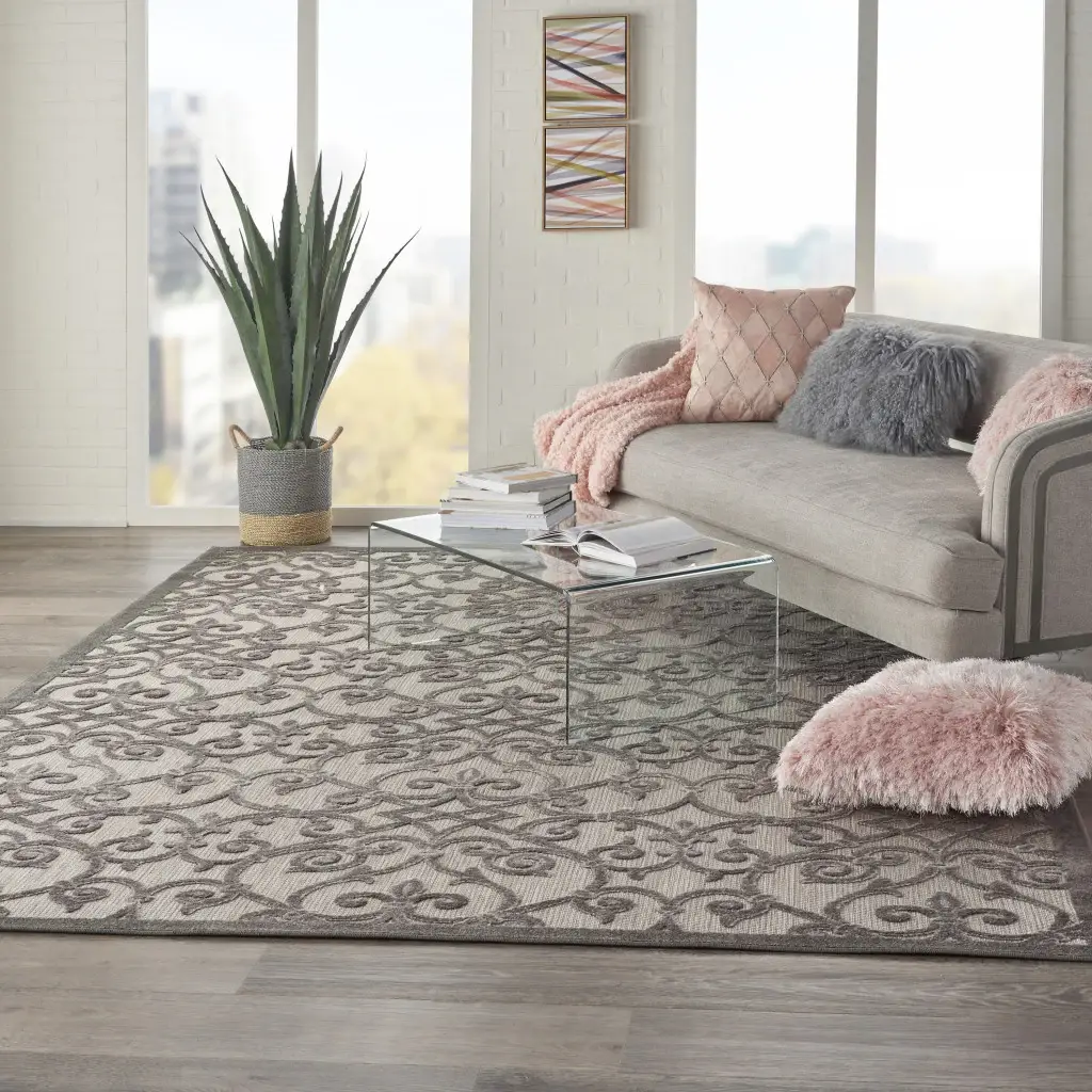 8' X 11' Gray Floral Indoor Outdoor Area Rug - Image 4