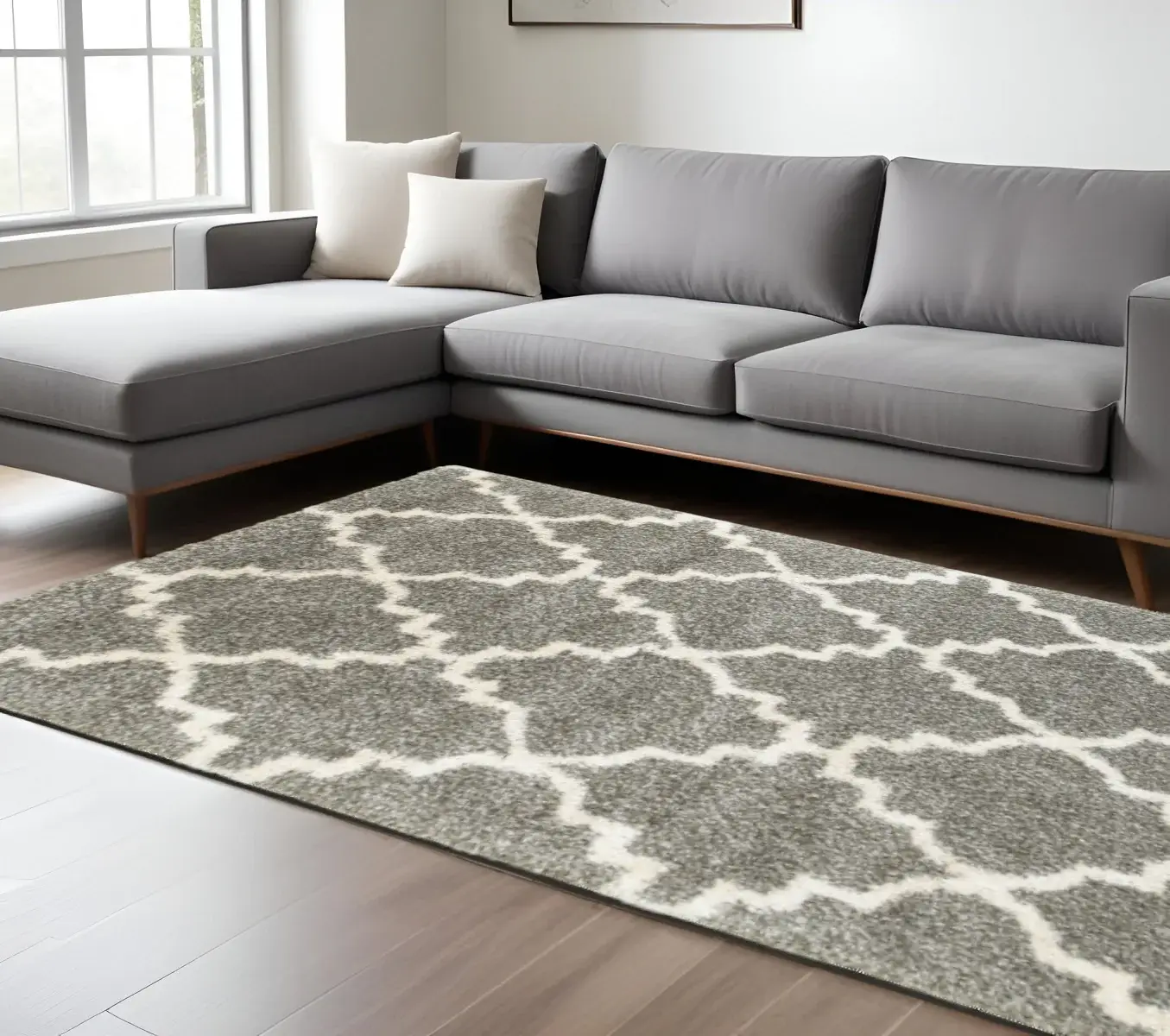 8' X 11' Grey And Ivory Geometric Shag Power Loom Stain Resistant Area Rug - Image 2