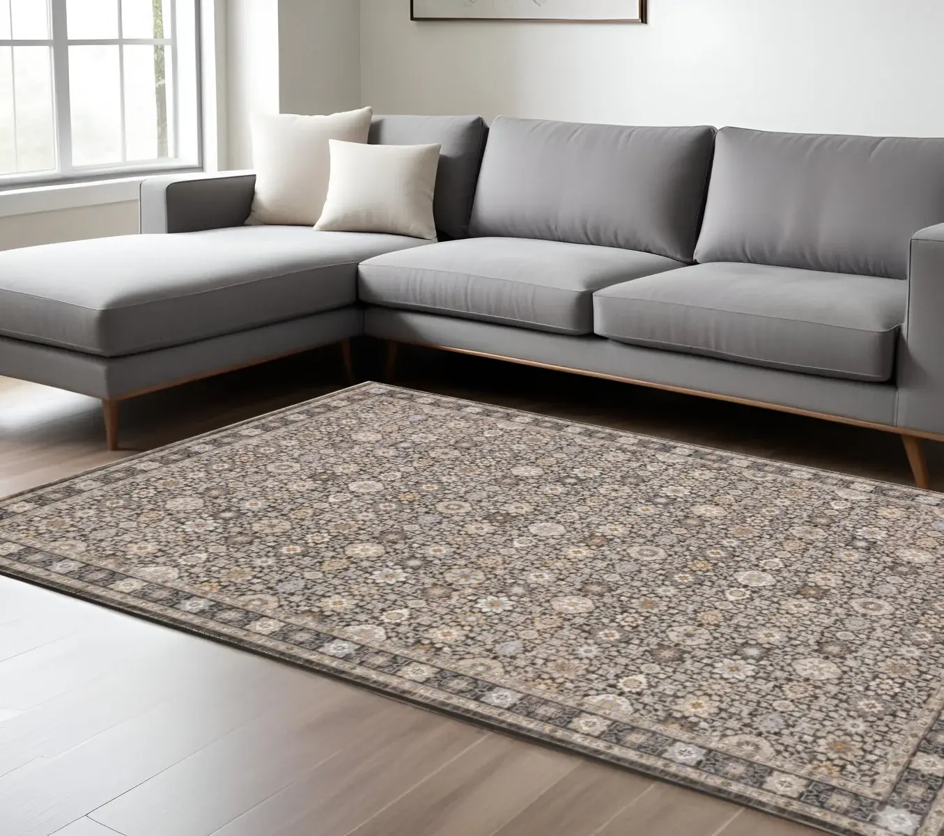 8' X 11' Grey And Ivory Oriental Power Loom Stain Resistant Area Rug With Fringe