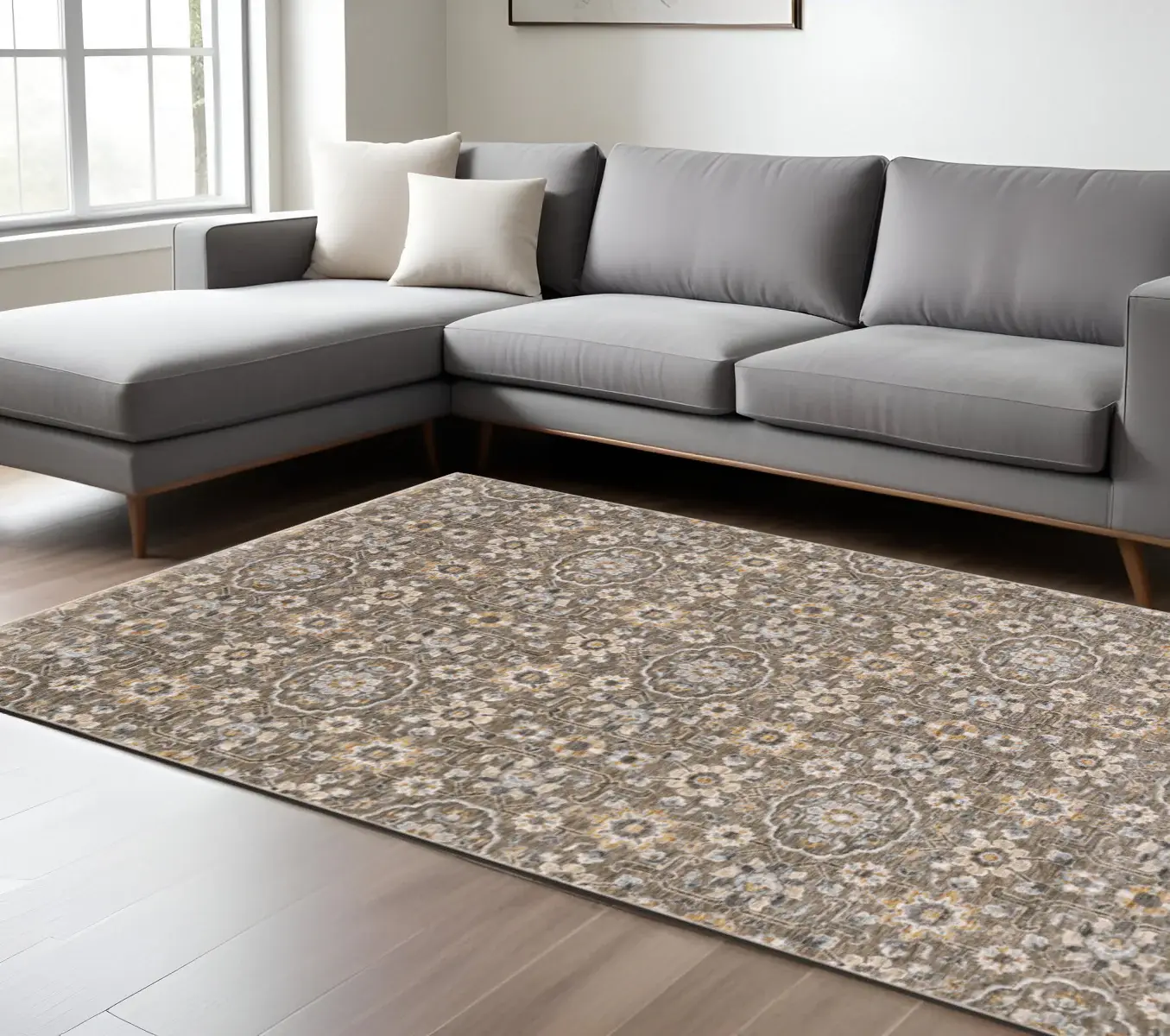 8' X 11' Grey And Tan Floral Power Loom Stain Resistant Area Rug With Fringe