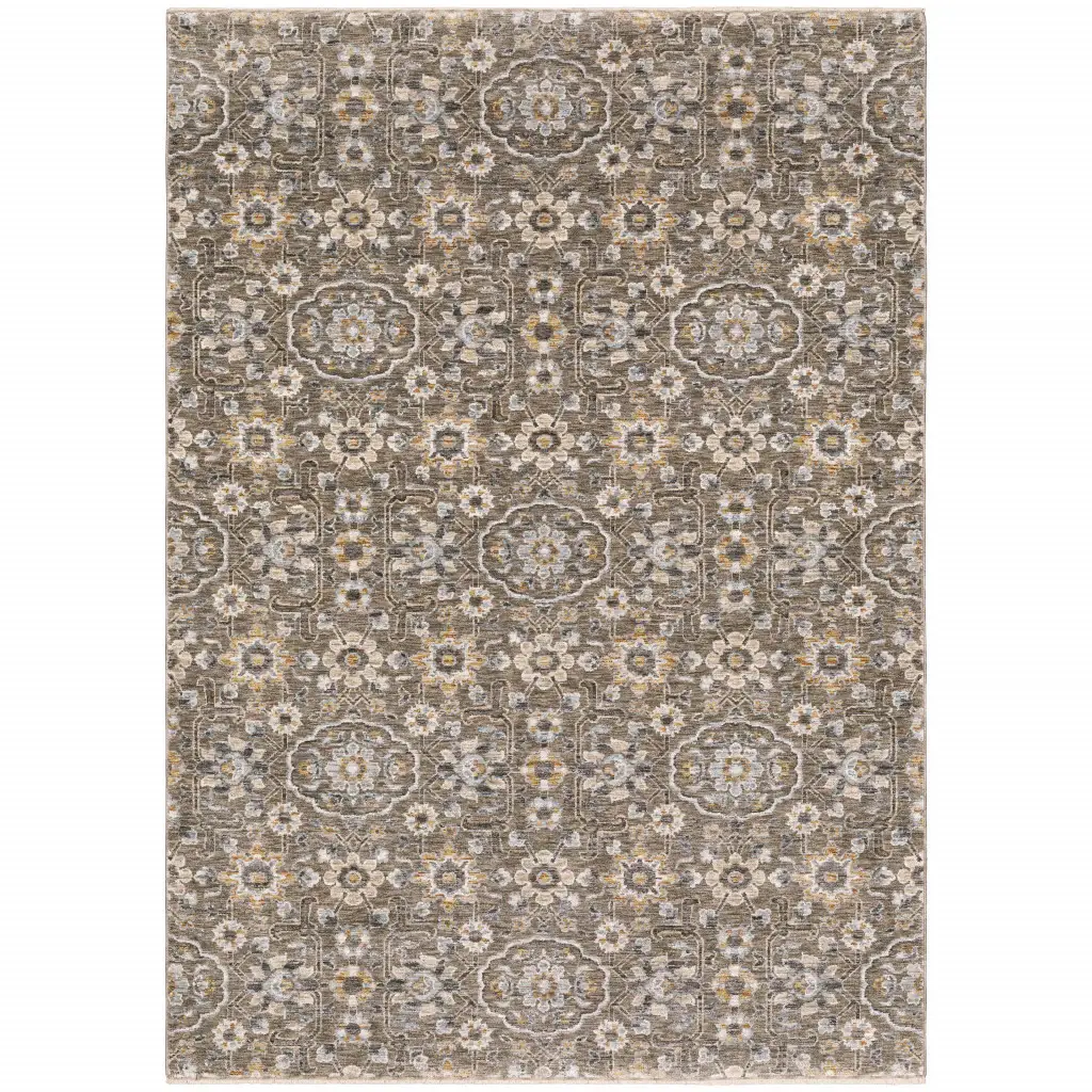 8' X 11' Grey And Tan Floral Power Loom Stain Resistant Area Rug With Fringe - Image 2