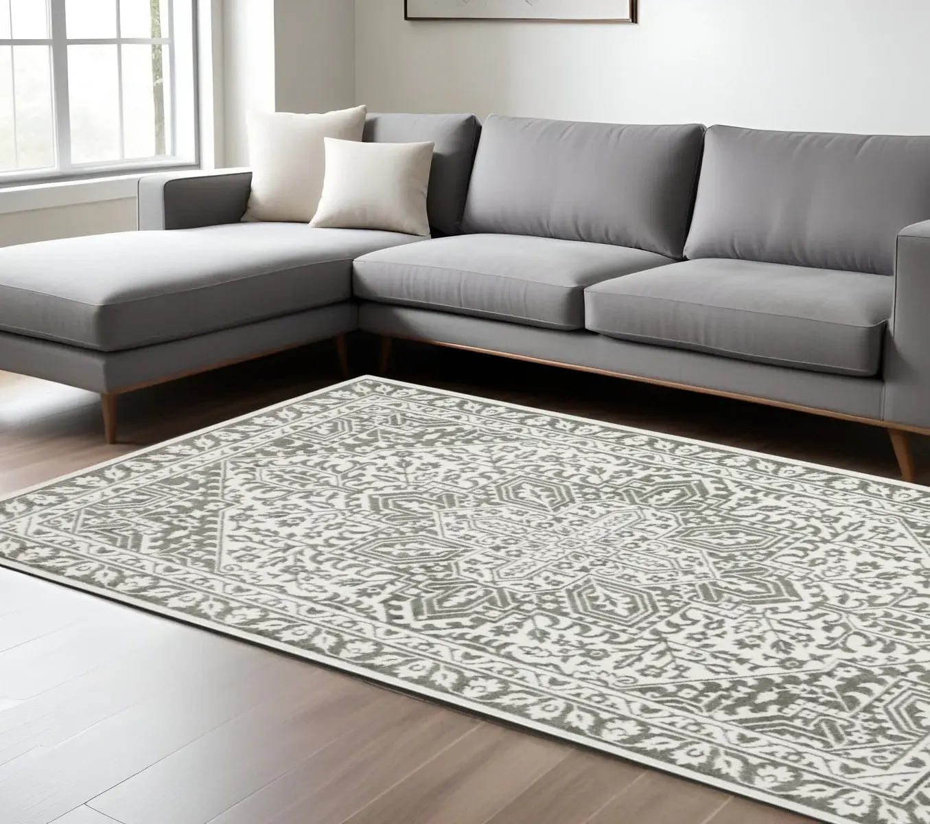 8' X 11' Grey And White Oriental Power Loom Stain Resistant Area Rug